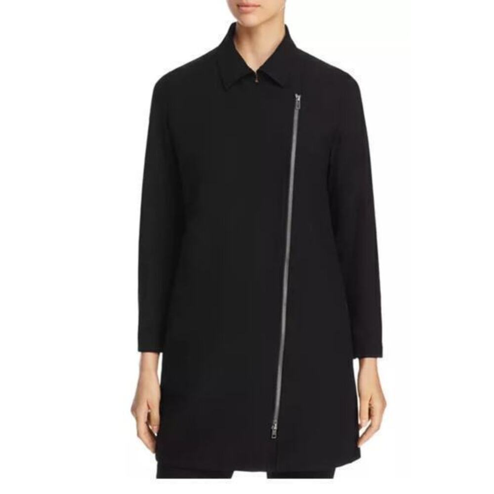 Eileen Fisher Asymmetric Zip Jacket Black Washable Stretch Long Moto size large